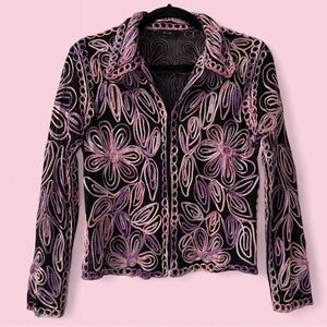 Embroidered Mesh Floral Jacket Purple Pink Zip Front Women’s M